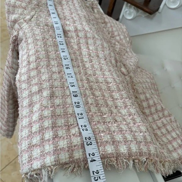 Pink & Cream Tweed Frayed-Trim Blazer Jacket - Picture 12 of 13
